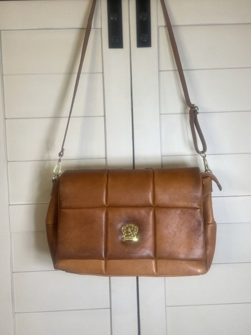 Pratesi Firenze Italy Aged Brown Leather Quilted Shoulder Bag, Handbag, Purse